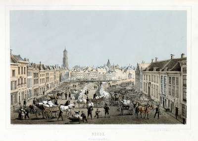 35630 Gezicht op de Neude te Utrecht tijdens een marktdag met graanverkopers.01-01-1859-31-12-1860